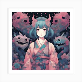 Anime Girl With Monsters Art Print