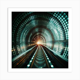 A view of a futuristic, illuminated tunnel, representing the life of technology. Art Print