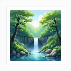 A Tranquil Waterfall In A Lush Japanese Forest, Painted In Soft Watercolor Hues 1 Art Print