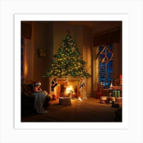 Cozy Christmas Eve Crackling Fireplace Casting A Soft Glow On The Elaborate Decorated Tree Toys Su (2) 2 Art Print