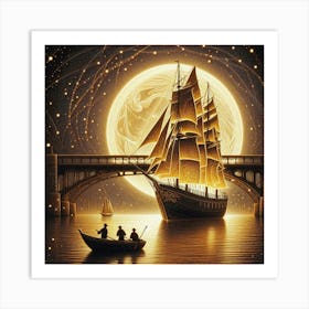 Sailing With A Golden Moon Art Print