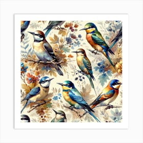 Birds On Branches Seamless Pattern Art Print