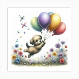 Puppy Flying With Balloons Art Print