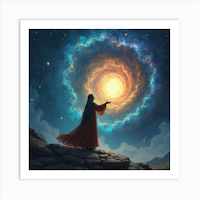 Mage Summoning A Portal To A Realm Of Swirling Galaxies 1 Art Print