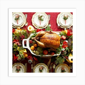 Classy Home Dinner Setting Capturing An Elegantly Roasted Turkey Resting On An Antiquated Platter B Art Print