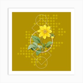 Vintage Dahlia Simplex Botanical with Geometric Line Motif and Dot Pattern n.0113 Art Print