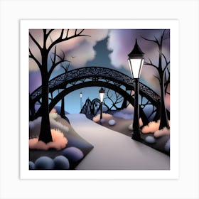 Paris Bridge At Night Landscape Art Print