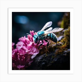 up close sky blue bee on a black rock in a mystical fairytale forest, mountain dew, fantasy, mystical forest, fairytale, beautiful, flower, purple pink and blue tones, dark yet enticing, Nikon Z8 1 Art Print