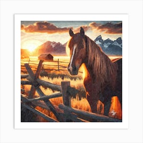 Western Horse At Sunset 2 Oil Texture Art Print