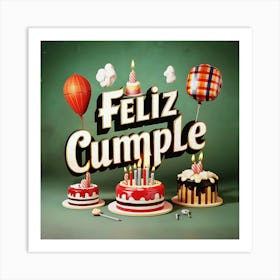 Feliz cumple and Feliz cumpleaños sign means Happy Birthday in Spanish language, Birthday party celebration gift with birthday cake candle colorful balloons best congratulation over light background wall artFeliz Cumple 55 Art Print