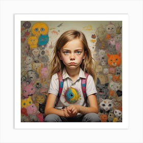 Girl With clothes School And A Lot Of Cats Art Print