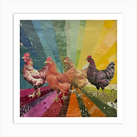 Kitsch Patchwork Rainbow Chickens Art Print