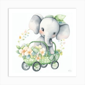 Baby Elephant In A Carriage - green nursery decor 2 Art Print