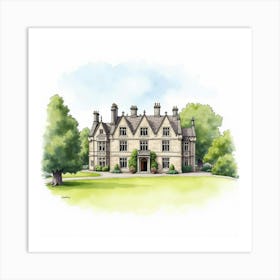 Watercolor View Of The Brougham Hall In Cumbria, Featuring Its Historic Charm And Picturesque Surroundings Art Print