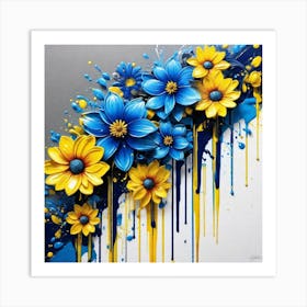Blue And Yellow Flowers drip graffiti Art Print