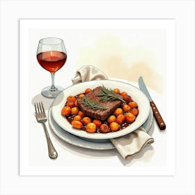 Watercolor Sketch Of A Savory And Hearty Beef Bourguignon On A Stylish Dining Table Art Print