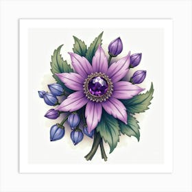 Amethyst Brooch, Watercolor, Elegant Garden 1 Art Print