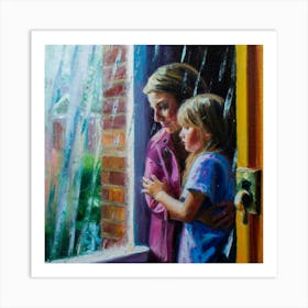 Mother And Daughter In Rain Art Print