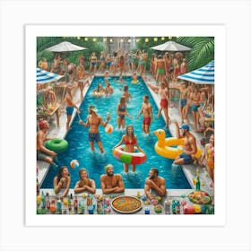 Pool Party Fun Wall Print Art A Lively And Joyful Depiction Of A Summer Pool Party, Perfect For Bringing Excitement And A Festive Atmosphere To Any Space Art Print