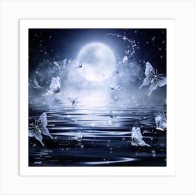 Moon And Butterflies Art Print