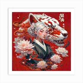 Asian Girl With flowers white Tiger Art Print