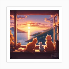 Cats Watching Sunset Art Print