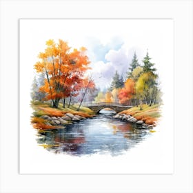 Watercolor Autumn Bridge Art Print