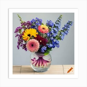 Craiyon 233945 A Tall Table Flower Arrangement In A 18cm Pink Hurricane Jar With Blue Delphiniums Art Print