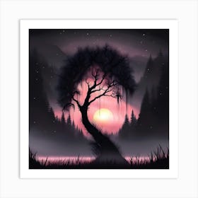 Spooky Tree and Pink Moon Art Print