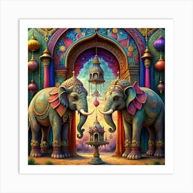 Two Ornate Elephants Under A Colorful Archway Art Print