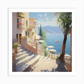 AI Monet's Italian Reverie: The Golden Streets by the Mediterranean  Art Print