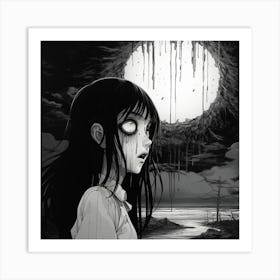 full moon creepy girl black and white manga Junji Ito style Art Print