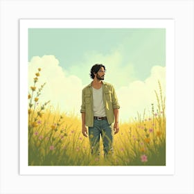 Keanu Reeves In A Tranquil Watercolor Meadow With Soft Sunlight Art Print