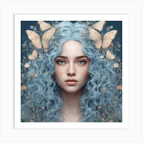 Blue haired girl with Butterflies Art Print