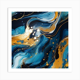 Waves of Blue and Gold Abstract Póster