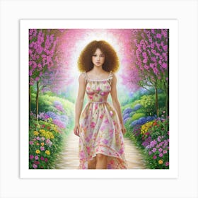 Woman Walking Through A Garden Art Print