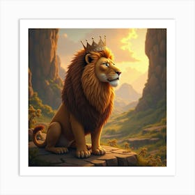 A Majestic Lion With A Golden Mane, Wearing A Royal Crown, In A Magical Land 1 Art Print