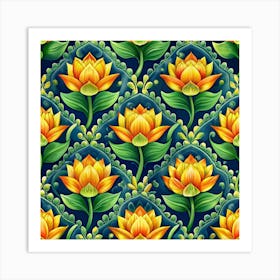 Seamless Pattern With Orange Lotus Flowers Art Print