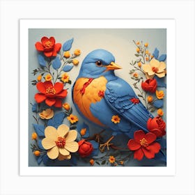 Blue Bird With Flowers 1 Art Print