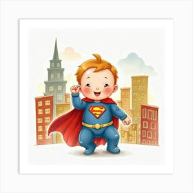 Baby Wearing A Superhero Cape In A Playful Watercolor Cityscape Art Print