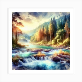 Watercolor Of A Waterfall 3 Art Print