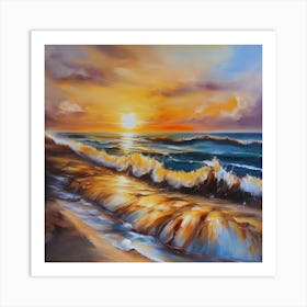 The sea. Beach waves. Beach sand and rocks. Sunset over the sea. Oil on canvas artwork.34 Art Print