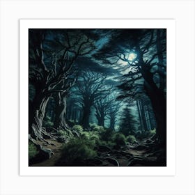 Mystical And Magical Night In The Enchanting Forest Where The Tall And Mighty Trees Seem To Reach Out To The Starry Sky As If Trying To Unravel Its Mysteries While The Soft Moonlight Bathes The Forest Floor In Its Silvery Glow Creating A Truly Bewitching Scene That Will Leave You Mesmerized Art Print