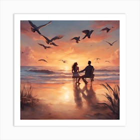 Two lovers walking on the beach at sunset 2 Art Print