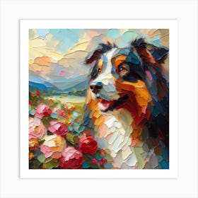 Dog With Roses Art Print