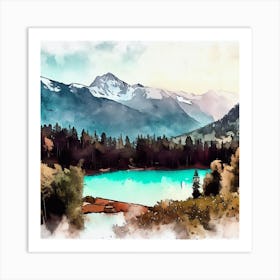 Watercolor Of A Mountain Lake, Banff National Park Art Print