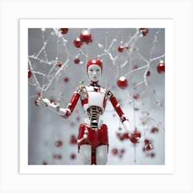 Porcelain And Hammered Matt Red Android Marionette Showing Cracked Inner Working, Tiny White Flowers Art Print