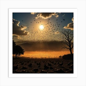 Shadows of Soaring Birds on Earth, Against a Vivid Sky Lit by the Golden Sun Art Print