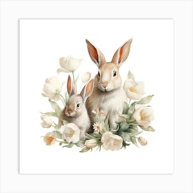 Rabbits With Flowers Art Print