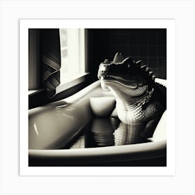 Alligator In Bathtub A large man with a pet alligator in a bathtub 1 Art Print